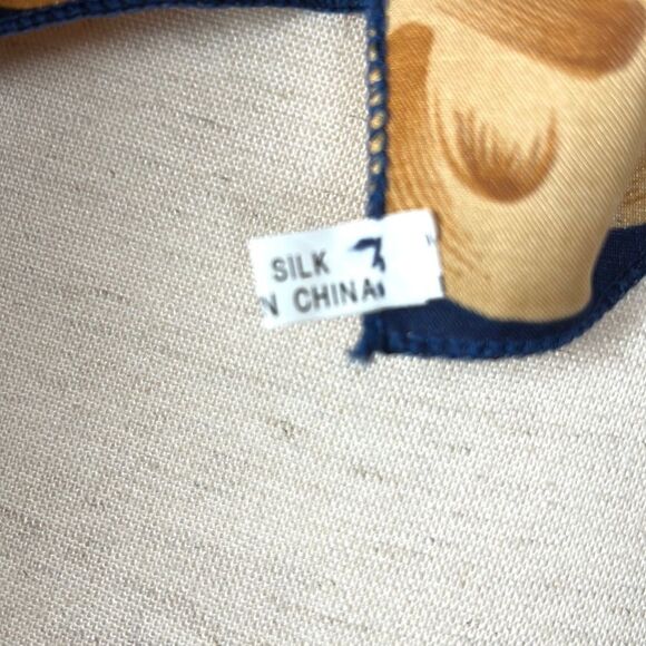 Silk Satin Navy Blue Square Scarf Fruits and Golden Leaves Print - Picture 9 of 10